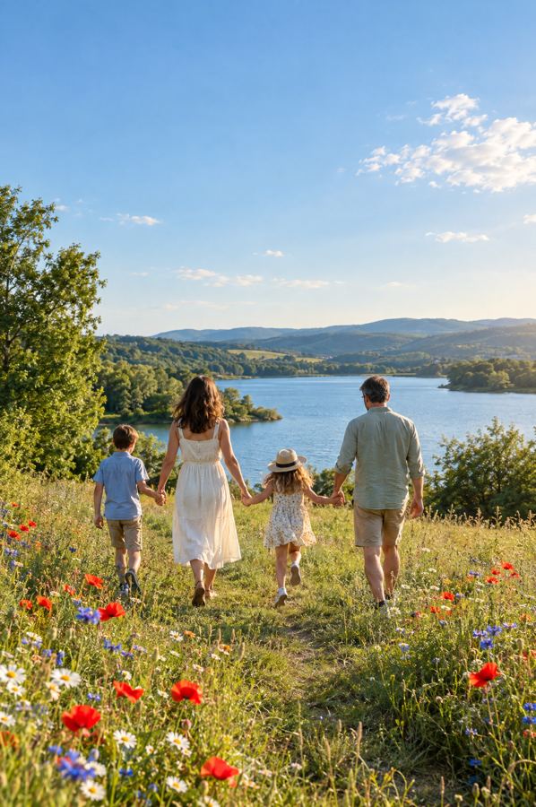 Titelseite des Ratgebers „Ein besseres Lebensgefühl“: Familie auf einer Sommerwiese am See