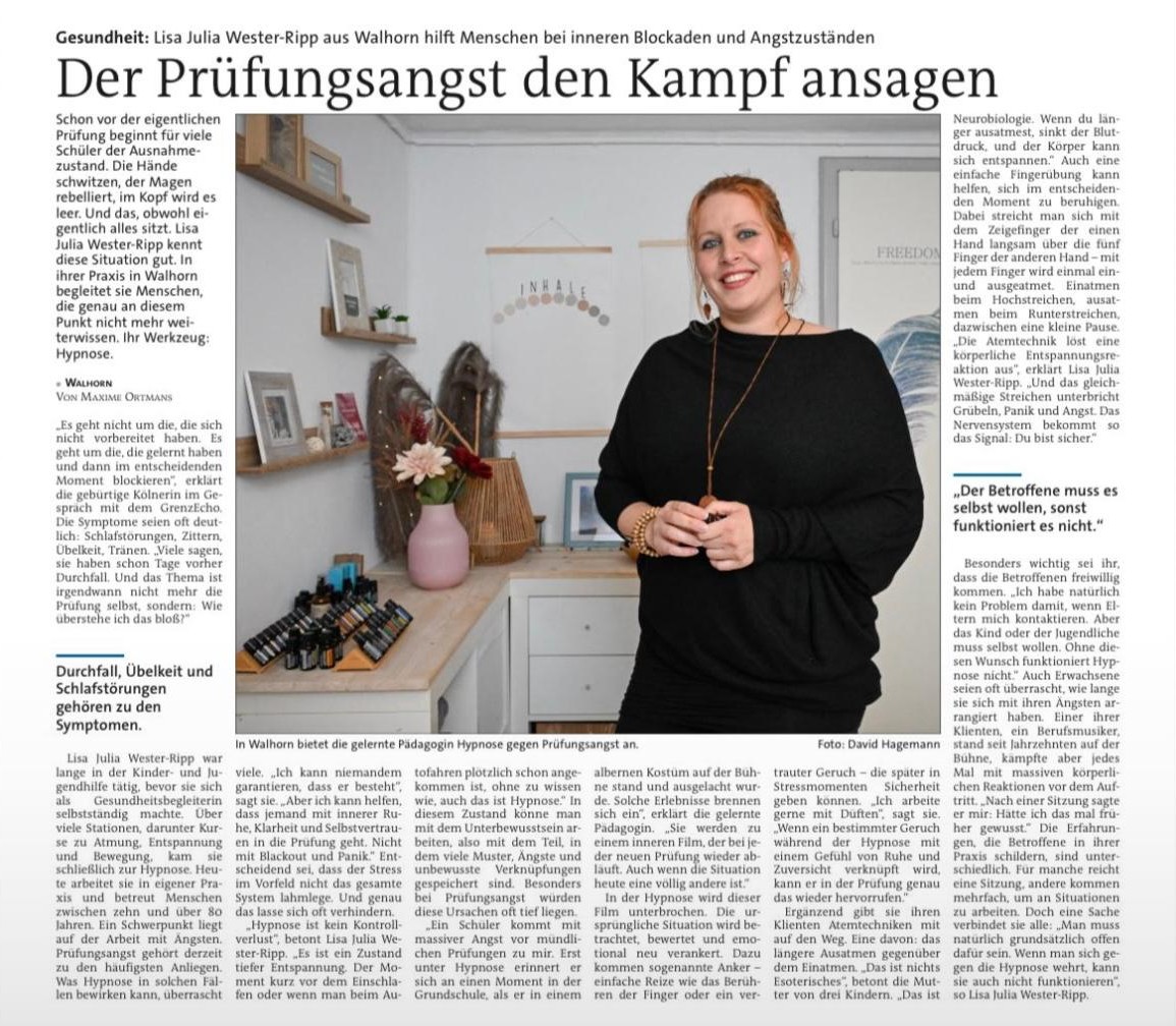 GrenzEcho vom 11. Juni 2025: Der Prüfungsangst den Kampf ansagen — Lisa Julia Wester-Ripp aus Walhorn hilft Menschen bei inneren Blockaden und Angstzuständen